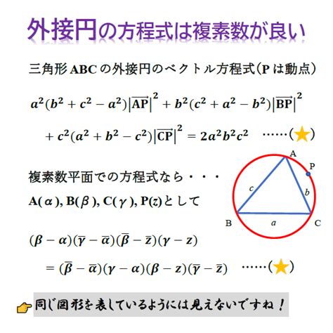 外接円の複素方程式 －ベクトルと複素数での図形表示の違い－ Yoshidanobuos Diaryー高校数学の“思考・判断・表現力”を磨こう！ー