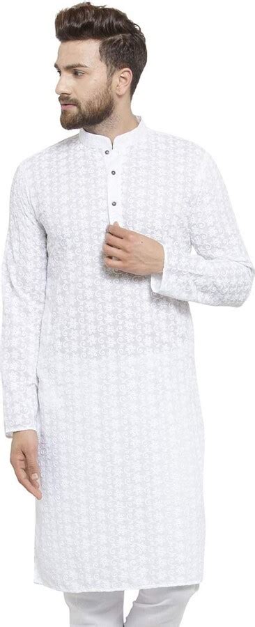 Treemoda Men S Chikan Embroidered Regular Fit Cotton Kurta White