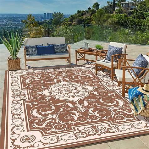 Nalone Polypropylene Reversible Outdoor Rug 6x9 Patio Deck Mat Rustic