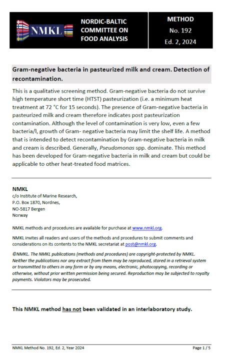 New Edition Nmkl 192 Gram Negative Bacteria In Pasteu­rized Milk And Cream Detection Of