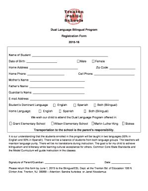 Fillable Online Dual Language Bilingual Program Registration Form