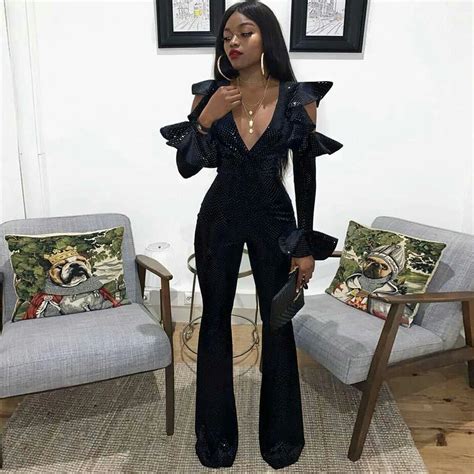 2019 New Black Womens Sexy Bodycon Jumpsuit Long Sleeved Hollow