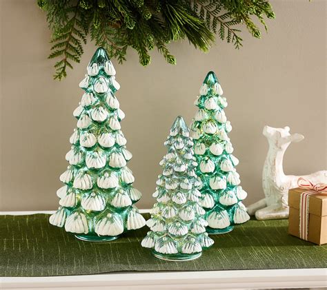 VALERIE PARR HILL Set Of 3 Lit Mercury Glass Snow Tipped Trees Valerie