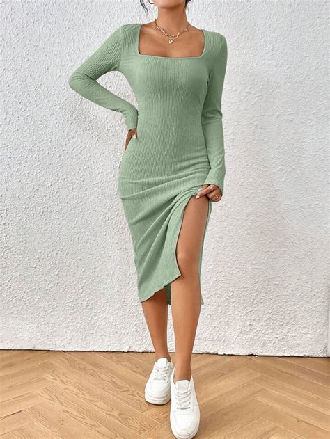 Shein Frenchy Gola Quadrada Split Thigh Vestido Bodycon Shein Pt