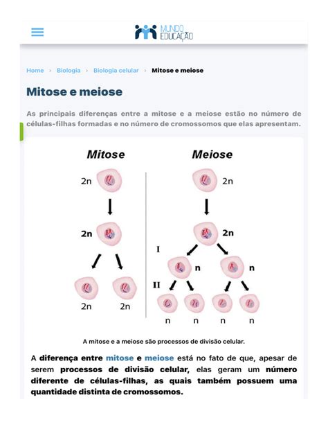 Mitose E Meiose Diferença - Mitose e Meiose - Diferenças, Tabela Comparativa e Exercícios | PDF ...