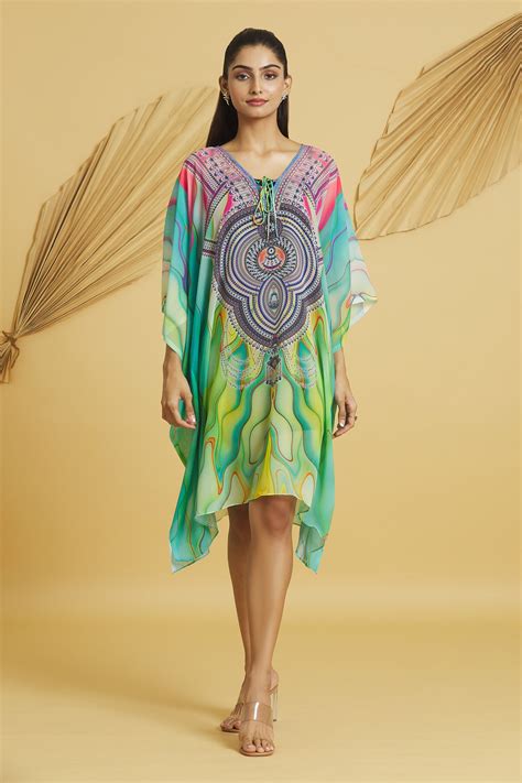 Buy Multi Color Georgette Printed Digital V Neck Kaftan For Women By