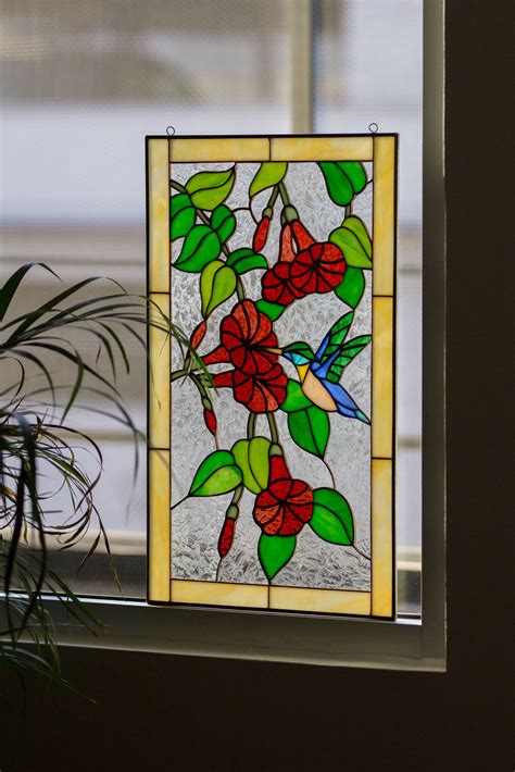 Tiffany Style Stained Glass Window Panel Hummingbird with Poppy Flowers in Garden - Includes ...