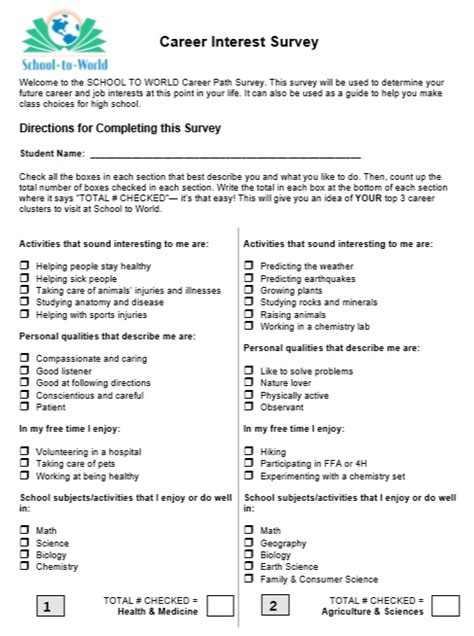 7 Free Sample Career Clusters Interest Survey Printable Samples