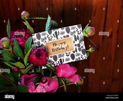 Happy Birthday Card With Pink Peonies Stock Photo Alamy