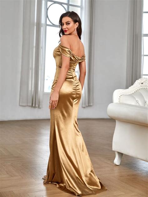 Shein Belle Ruched Off Shoulder Slit Thigh Satin Prom Bridesmaid Dress