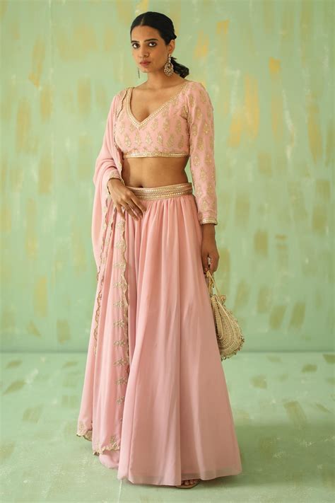 Buy Pink Georgette Embroidery Resham Deep V Neck Lehenga Set With