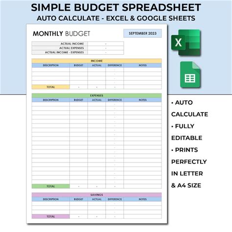 Simple Monthly Budget Editable Income Expenses Savings Spreadsheet