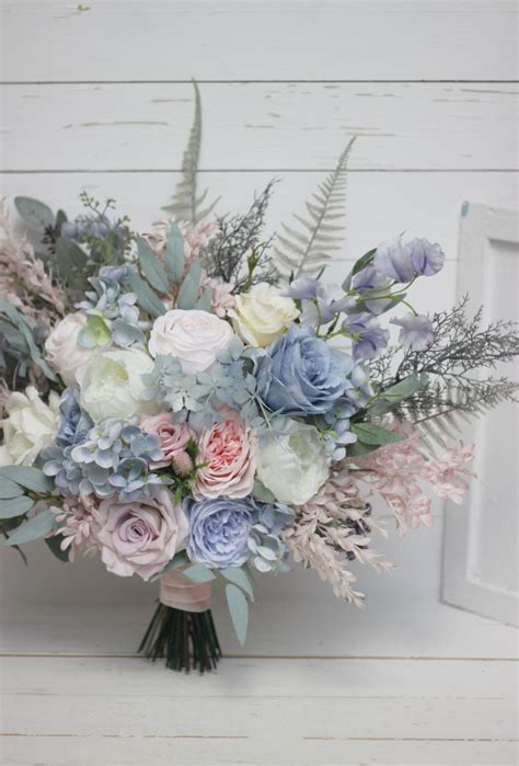 Dusty Blue Blush Pink Bridal Bouquet Peonies Pink Thistle Etsy