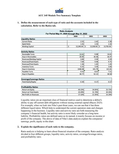 ACC 345 Module Two Summary Refer To The Ratios Tab Liquidity Ratios