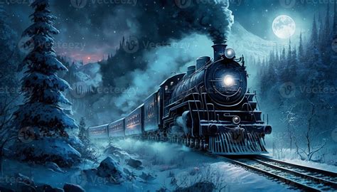 Fantasy Train Across A Winter Wilderness In The Full Moon Night