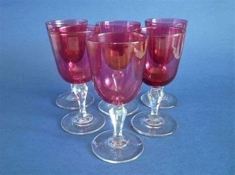 Rare Suite Of Six Antique Victorian Cranberry Wine Glasses With Cut Stems C1880 Sold