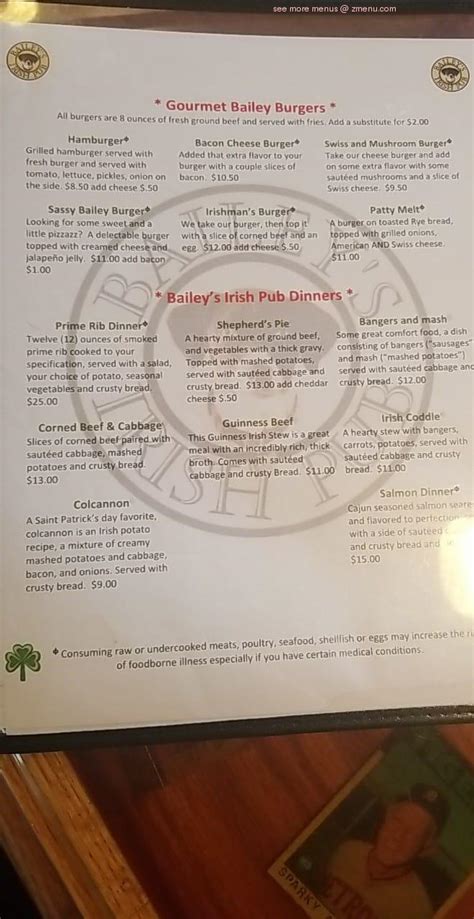 Menu At Baileys Irish Pub Leavenworth