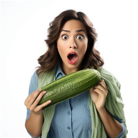 Premium Ai Image Cute Surprised Woman Is Holding A Long Green Cucumber