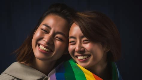 Premium Ai Image A Beautiful And Happy Gay Lesbian Couple With Rainbow Colors Flag Lgbtq Pride