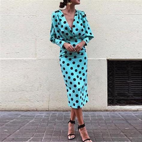 Dots Print Plunge Lantern Sleeve Bodycon Dress