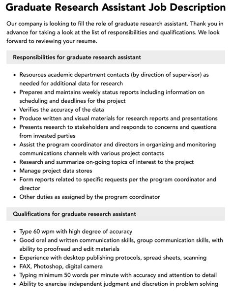 Graduate Research Assistant Job Description Velvet Jobs