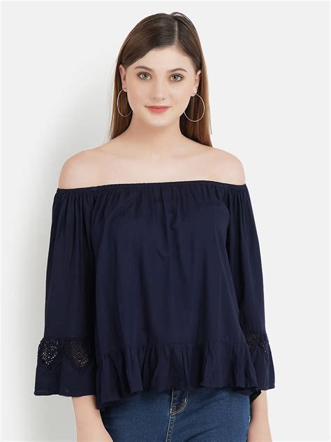 Buy Aditi Wasan Navy Blue Off Shoulder Bell Sleeves Bardot Top Tops