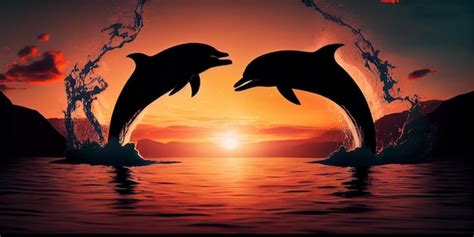 Dos Delfines Saltando En El Agua Al Atardecer Foto Premium