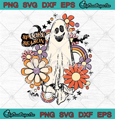 Spooky Season Flower Ghost Sketch Svg Retro Vintage Halloween Comfort