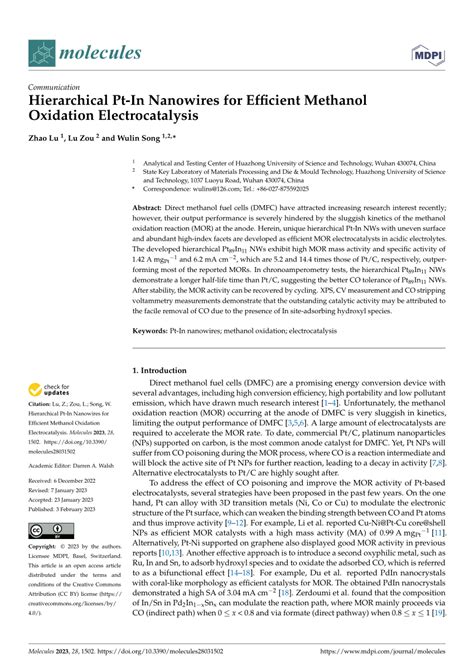 Pdf Hierarchical Pt In Nanowires For Efficient Methanol Oxidation