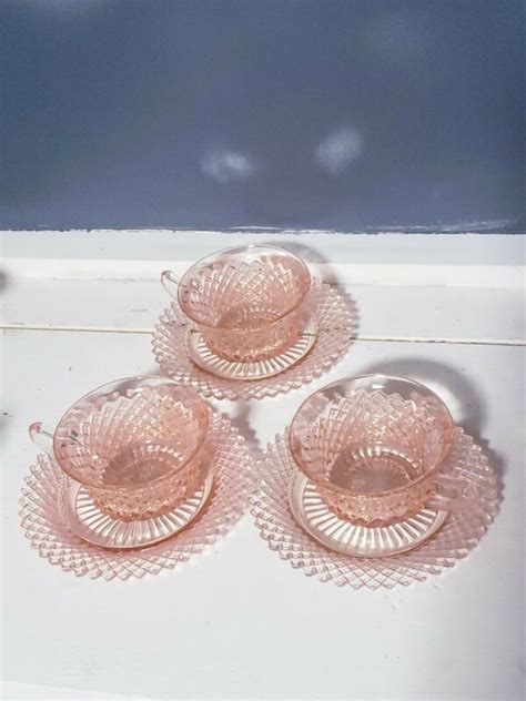 Set 3 Miss America Pink Cups And Saucers Anchor Hocking Depression