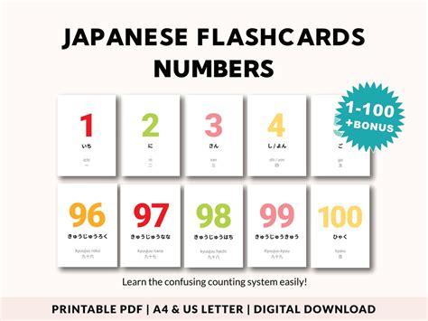 Japanese Numbers Flashcards PDF: 1-100 & Bonus Cards - Etsy