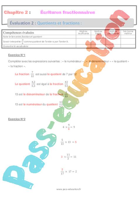 Quotients Et Fractions Examen Evaluation Bilan Contr Le Avec La