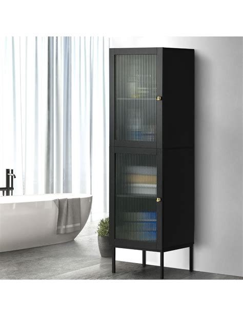 Oikiture Storage Cabinet Tall Slim Cupboard Tempered Glass Door Black