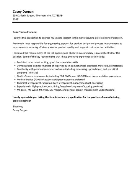 Manufacturing Project Engineer Cover Letter Velvet Jobs