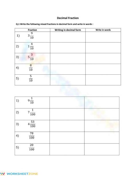 Decimal Fraction Worksheet