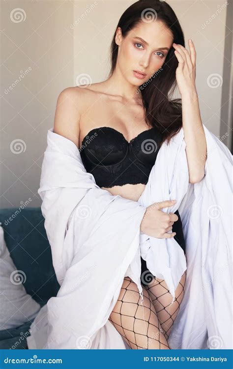 Beautiul Woman With Dark Hair In Black Lingerie Posing In B Stock Photo Image Of Lingerie