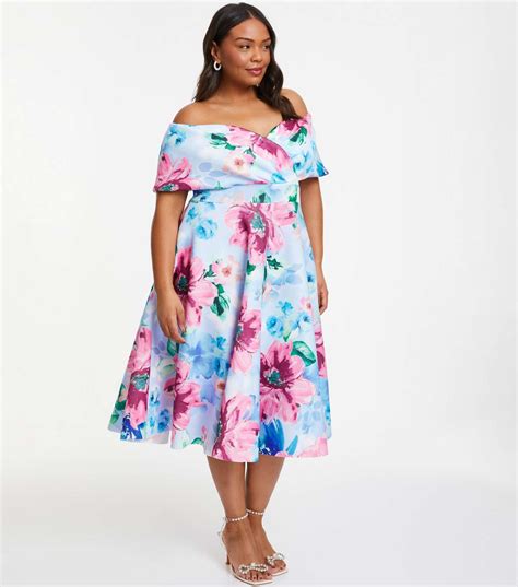 Quiz Curve Blue Floral Bardot Skater Midi Dress New Look