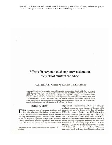 Pdf Effect Of Incorporation Of Crop Straw Residues On The Yield Of