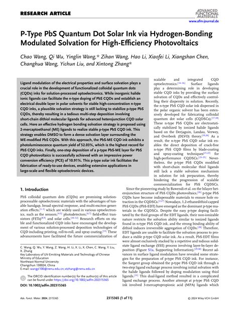 PType PbS Quantum Dot Solar Ink Via HydrogenBonding Modulated