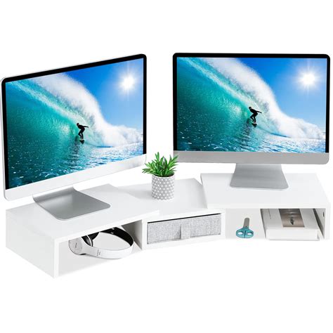 Buy TEAMIXWhite Dual Monitor Stand Riser with Drawer - Length and Angle ...