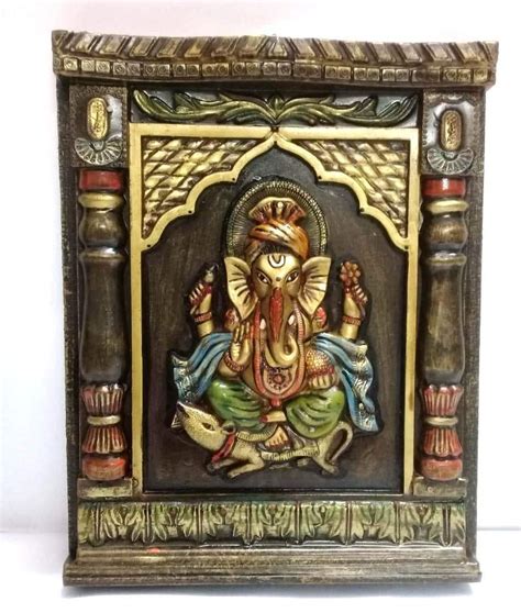 Ethnic Karigari Wood And Metal Wall Hanging Ganpati Painting For Home