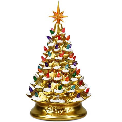 Costway Pre Lit Hand Painted Ceramic Tabletop Christmas Tree Gold