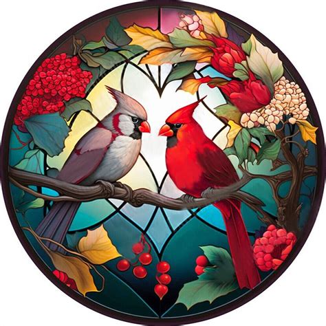 H1 5D DIY Full Round Drill Diamond Painting Stained Glass Cardinal