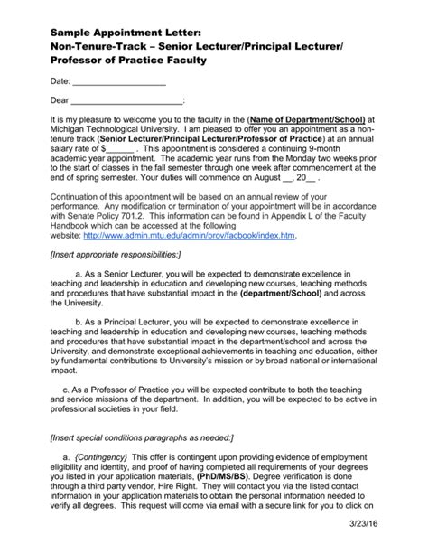 Sample Appointment Letter Non Tenure Track Senior Lecturer Principal