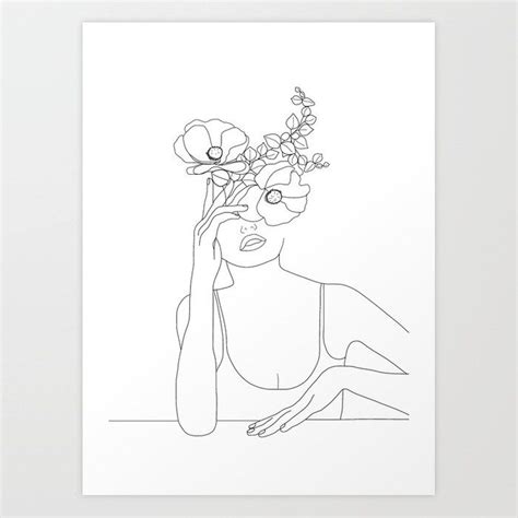 Minimal Line Art Woman With Flowers Ii Art Print By Nadja1 Society6