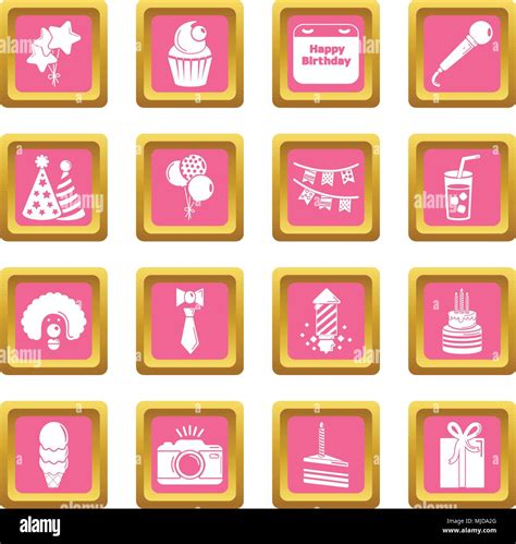 Happy Birthday Icons Set Pink Square Vector Stock Vector Image Art