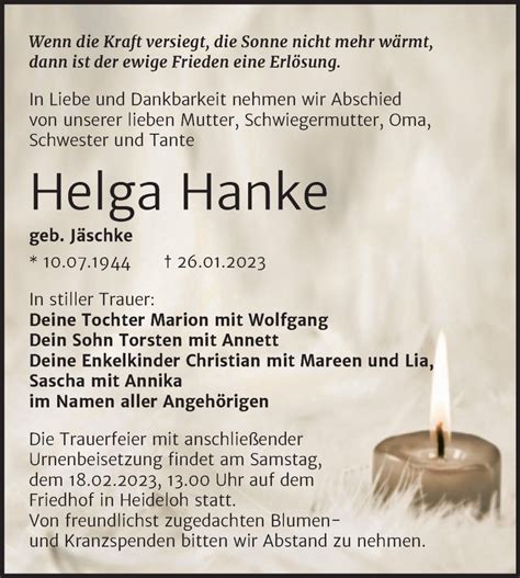 Traueranzeigen Von Helga Hanke Abschied Nehmen De