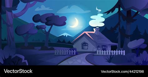 Cartoon Country House With Glow Windows In Night Vector Image