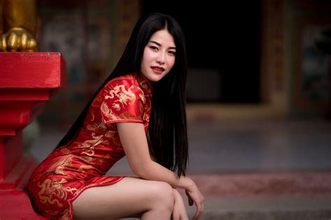 Papel De Parede Asiático Mulheres Modelo Cabelo Longo Cabelo Preto Vestido Chinês