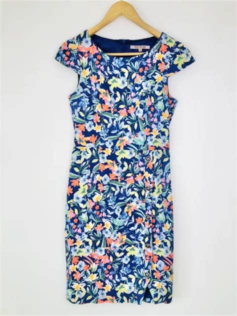 Review Dress Womens 10 Fitted Pencil Blue Floral Cap Sleeve Knee Length